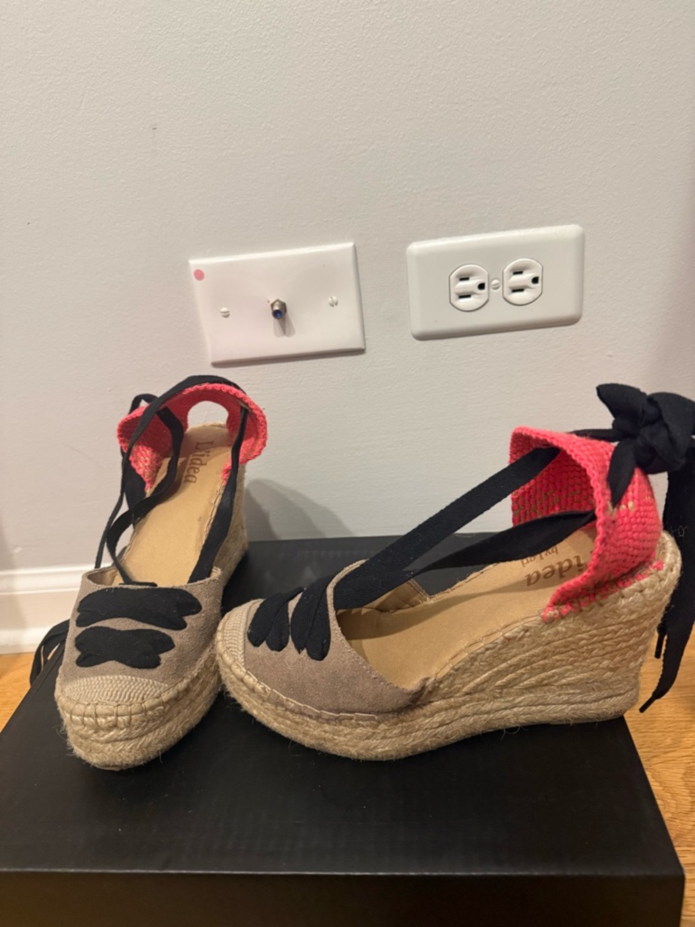 Wedge Espadrille Sandals in Beige with Pink Ankle Cuff